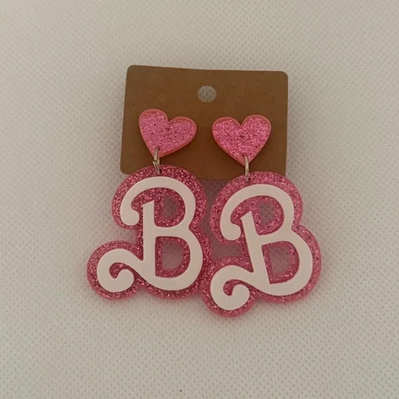Barbie Pink Glitter ‘B’ Earrings – Heart Accent Dangle Statement Jewelry – NWT - Picture 2 of 6